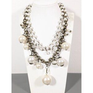 Dark Bronze Tone Faux Pearl Multi Chain Necklace Chunky Statement Bold 17.5"